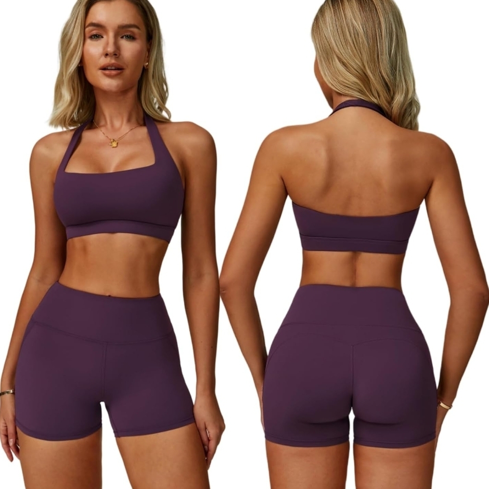 Purple Halter Sports Bra and Shorts Set